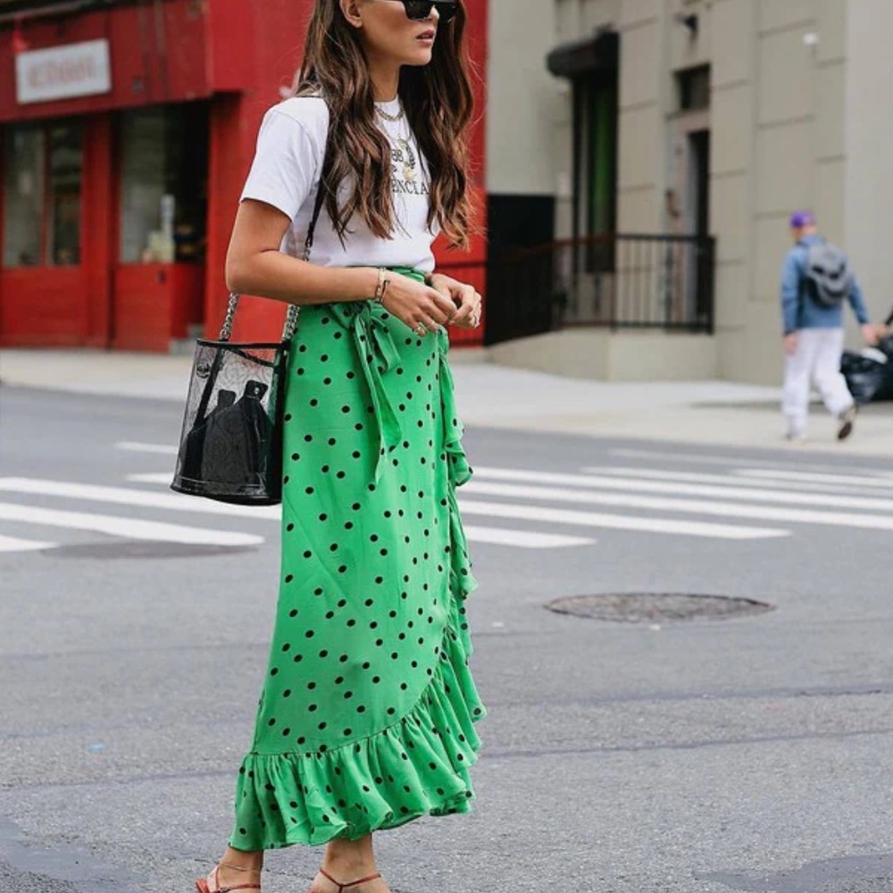 GANNI Georgette Dot Print Midi Wrap Skirt